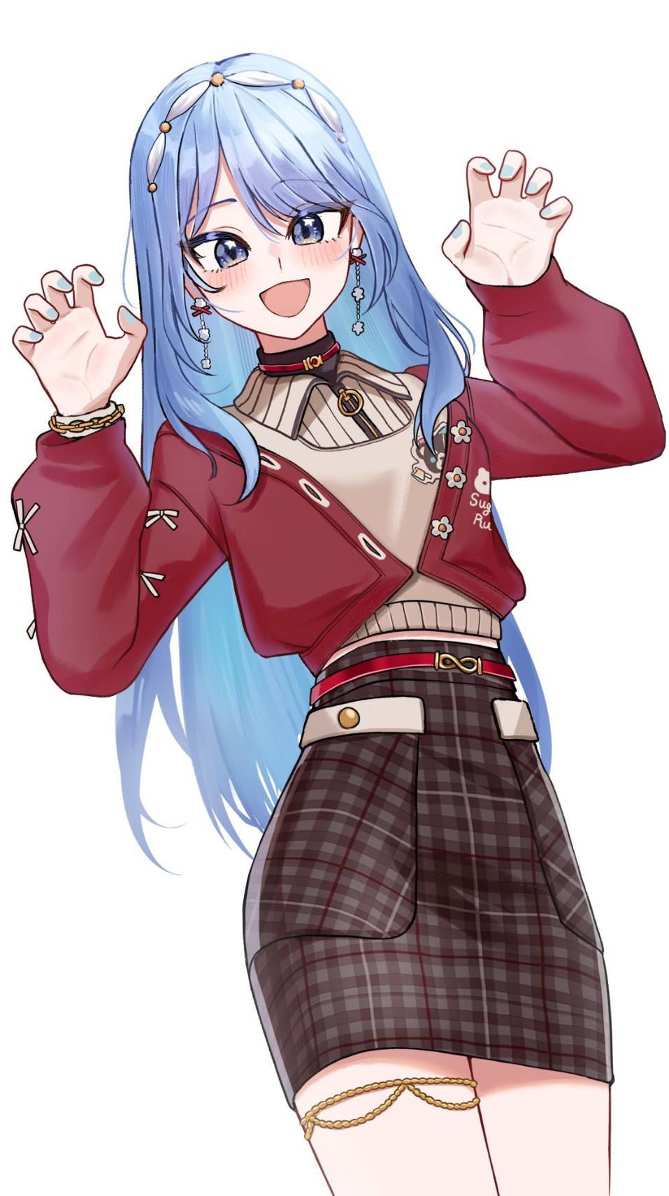 1girl, :d, black_shirt, blue_eyes, blue_hair, brown_skirt, cardigan, chrispy_tuna, claw_pose, commentary, cowboy_shot, cropped_cardigan, earrings, english_commentary, grey_sweater, hairband, hands_up, highres, hololive, hoshimachi_suisei, hoshimachi_suisei_(micomet), jewelry, long_hair, looking_at_viewer, miniskirt, official_alternate_costume, open_mouth, pencil_skirt, plaid_clothes, plaid_skirt, pom_pom_(clothes), pom_pom_earrings, red_cardigan, shirt, simple_background, skirt, smile, solo, star_(symbol), star_in_eye, sweater, symbol_in_eye, thighlet, virtual_youtuber, white_background