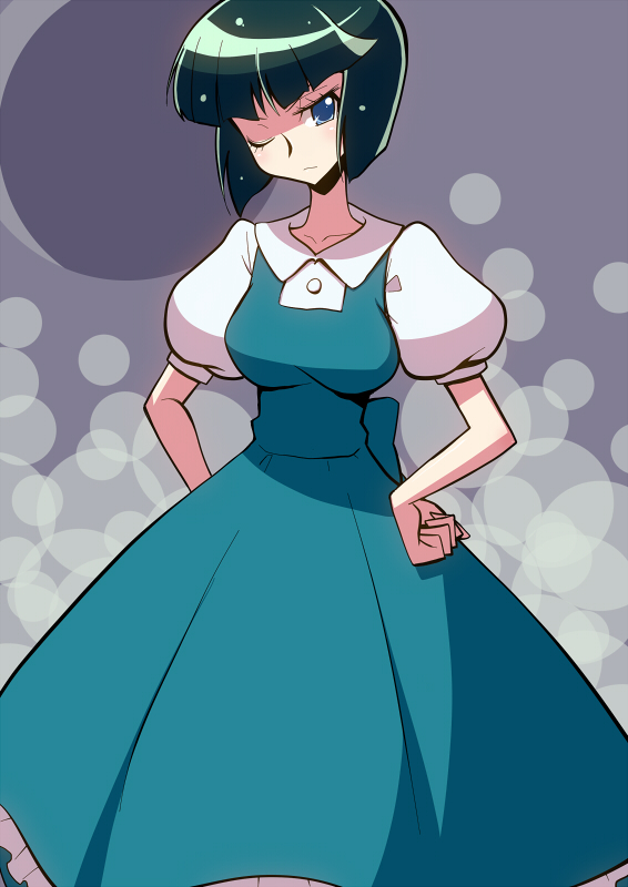 1girl, blue_eyes, cosplay, dark_precure, dress, female_focus, frown, green_hair, hands_on_own_hips, heartcatch_precure!, one_eye_closed, precure, ranma_1/2, school_uniform, shirono, short_hair, solo, tendo_nabiki_(cosplay), tendou_nabiki, tendou_nabiki_(cosplay), voice_actor_connection, wink