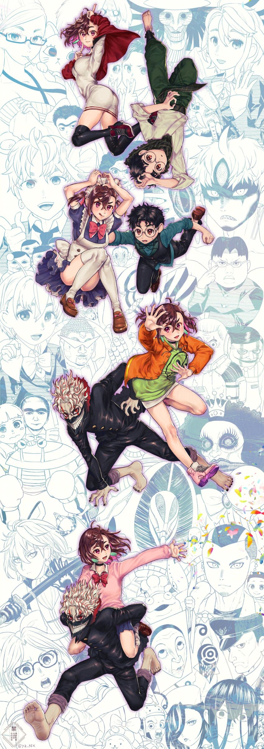 6+boys, 6+girls, absurdres, adjusting_eyewear, alien, antennae, ayase_momo, ayase_seiko