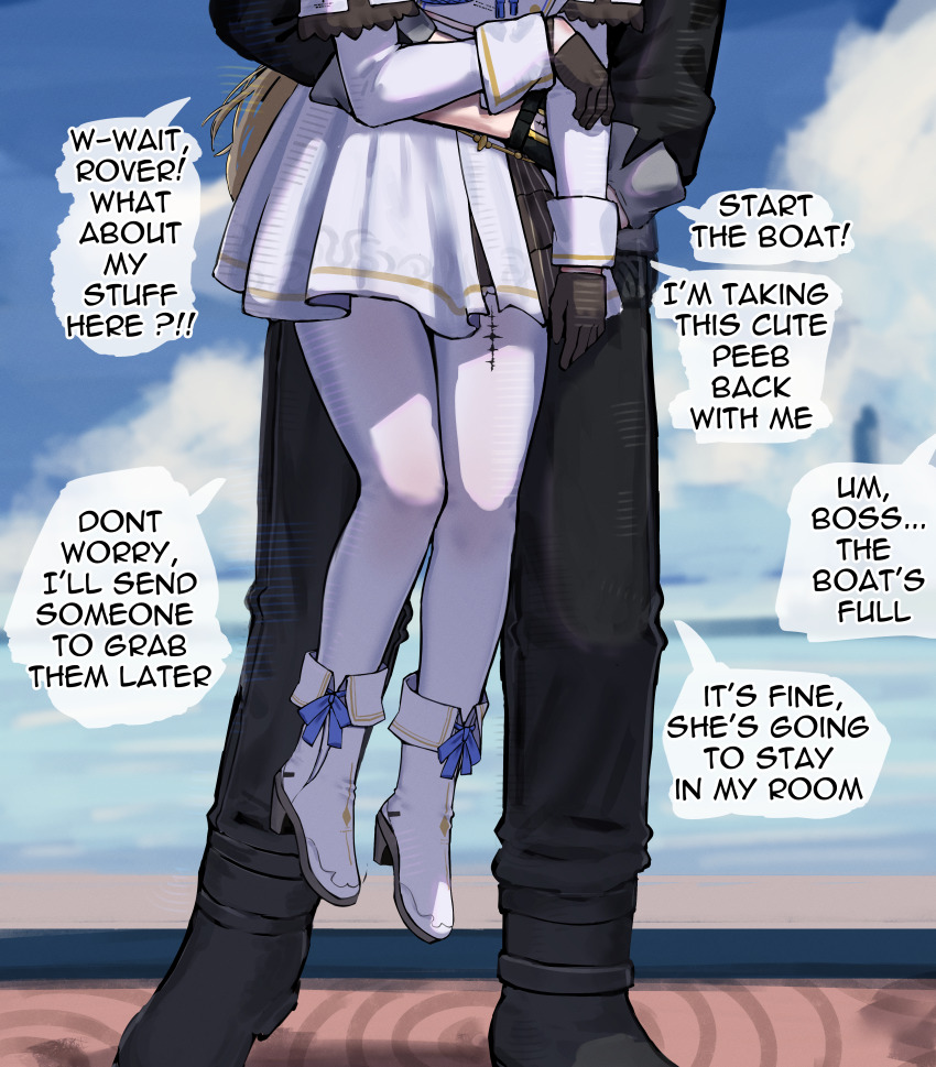 1boy, 1girl, 2na_(blue2na), absurdres, black_gloves, black_jacket, black_pants, blurry