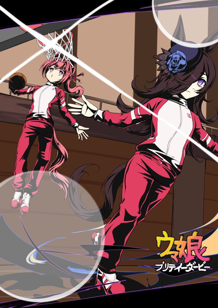 2girls, absurdres, animal_ears, ball, basketball_(object), basketball_court, basketball_hoop, blue_flower