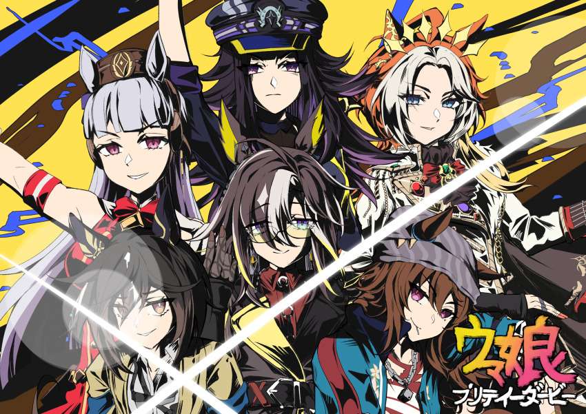 6+girls, ahoge, bare_shoulders, beanie, black_hair, black_hat, black_jacket, blue_eyes