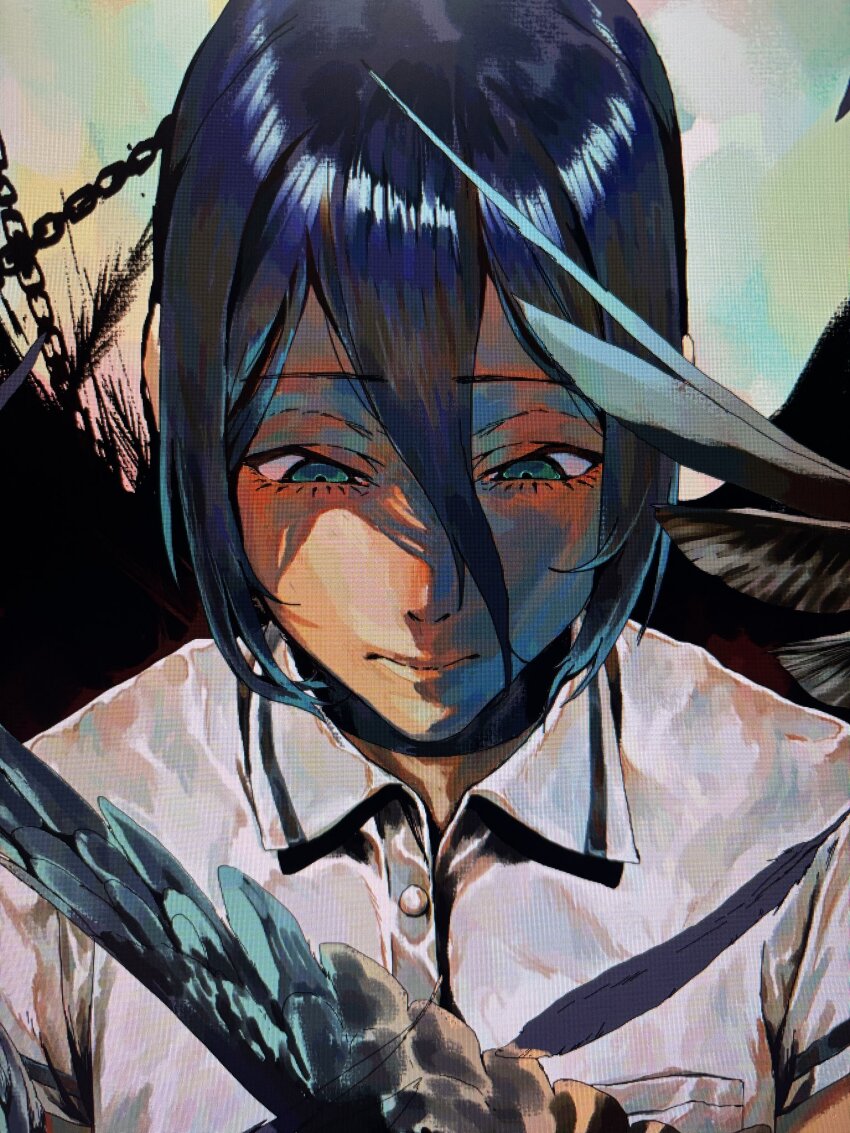 1girl, black_feathers, black_hair, blue_eyes, chain, chainsaw_man, closed_mouth, feathers