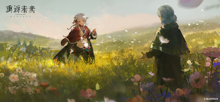 2girls, :o, black_coat, black_dress, black_pants, blue_sky, bug, butterfly