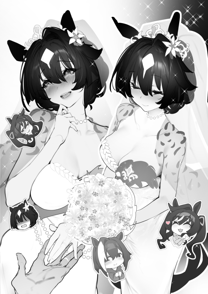 1boy, 3girls, animal_ears, blush, breasts, cheval_grand_(umamusume), chibi, chibi_inset