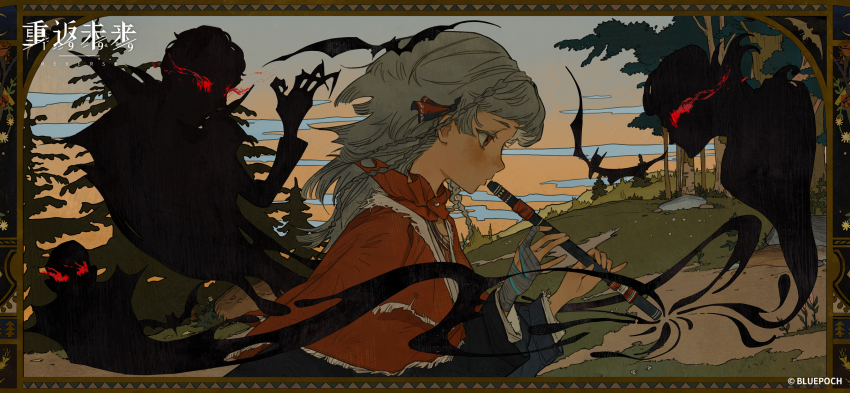 1girl, bat_(animal), border, cloak, copyright_name, copyright_notice, fingerless_gloves, flute