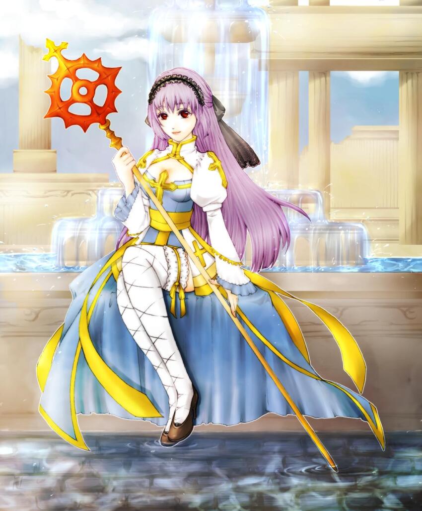 1girl, arch_bishop_(ragnarok_online), black_hairband, black_shoes, blue_dress, breasts, cleavage, cleavage_cutout