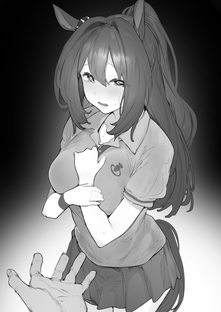 1boy, 1girl, animal_ears, blush, breasts, collared_shirt, el_condor_pasa_(casual)_(umamusume), el_condor_pasa_(umamusume)