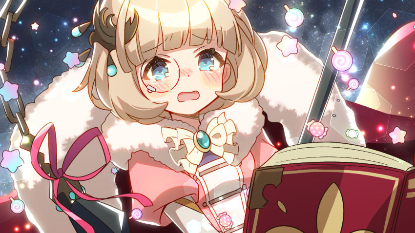 1girl, andromalius_(megido72), blonde_hair, blue_eyes, blunt_bangs, blush, book, bow