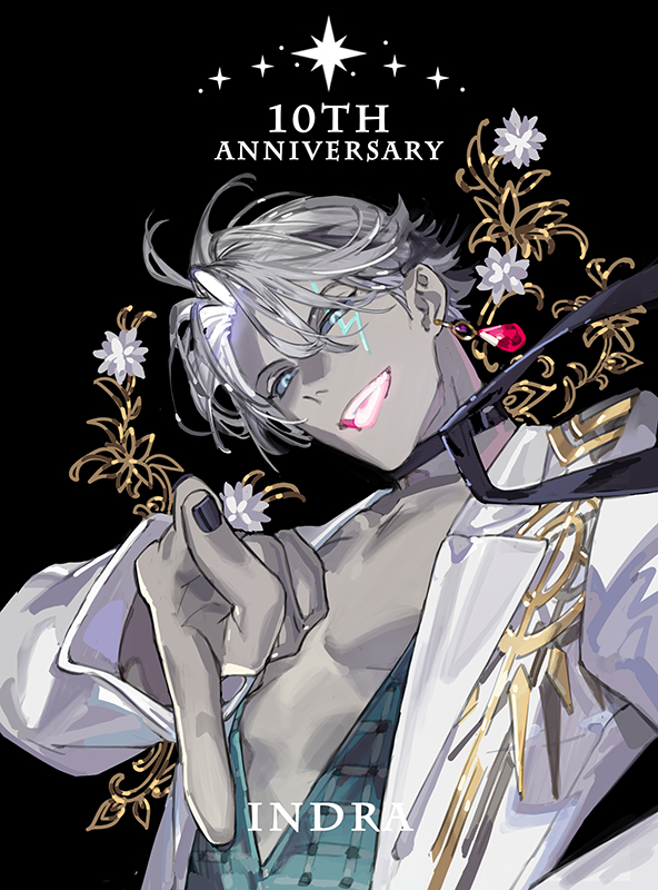 1boy, anniversary, black_background, black_choker, black_nails, blue_eyes, character_name, choker