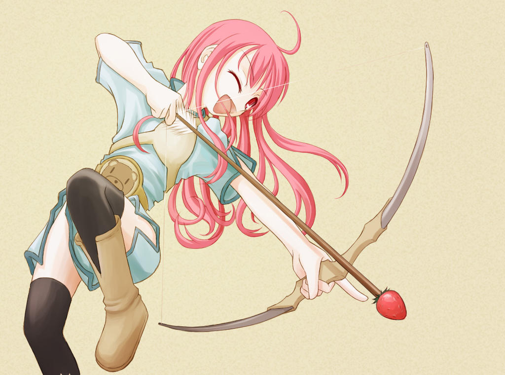 1girl, :d, ahoge, archer_(ragnarok_online), black_thighhighs, blue_dress, boots, bow_(weapon), brown_boots, commentary, drawing_bow, dress, english_commentary, flat_chest, food, foot_out_of_frame, foot_up, fruit, holding, holding_bow_(weapon), holding_weapon, long_hair, looking_at_viewer, mimikuma, muneate, open_mouth, pink_hair, ragnarok_online, red_eyes, short_dress, short_sleeves, smile, solo, strawberry, thighhighs, weapon, yellow_background