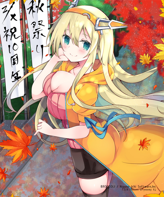 1girl, aqua_eyes, autumn, autumn_leaves, banner, black_skirt, black_thighhighs, blonde_hair, blue_ribbon, breasts, cleavage, closed_mouth, coat, coat_ribbon, copyright_notice, hairband, hand_on_own_cheek, hand_on_own_face, hood, hooded_coat, large_breasts, leaf, looking_at_viewer, nobori, official_art, orange_coat, orange_hairband, outdoors, pink_sweater, ribbed_sweater, ribbon, rigel_(z/x), satsuki_mayuri, skirt, solo, sweater, thighhighs, z/x