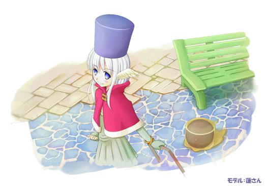 1girl, bench, blue_eyes, blue_hat, cape, cobblestone, commentary_request, cowboy_shot