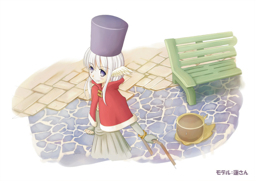 1girl, bench, cape, cobblestone, commentary_request, cowboy_shot, creator_(ragnarok_online), cropped_legs