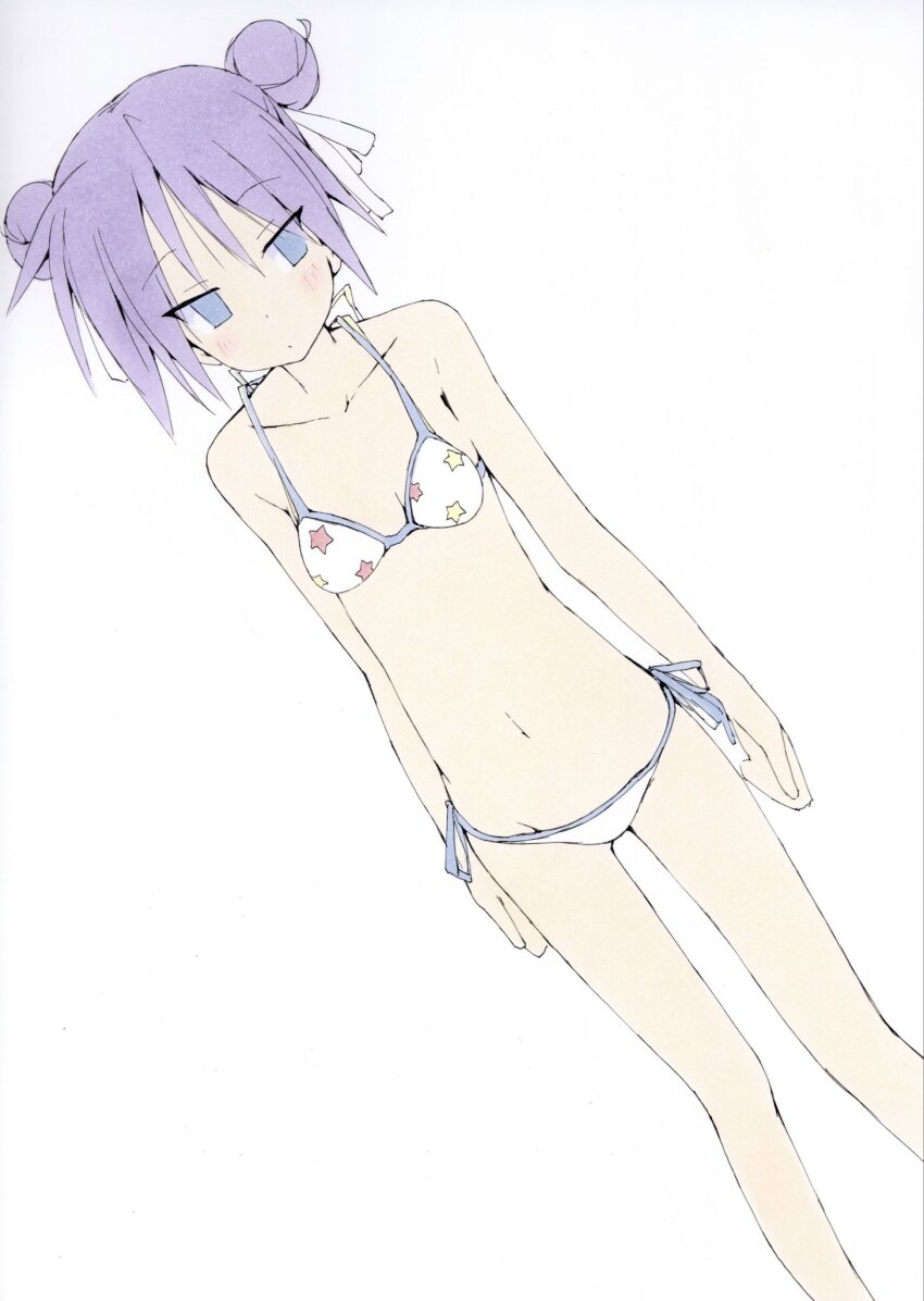 1girl, bare_shoulders, bikini, blue_eyes, blush, breasts, collarbone, double_bun