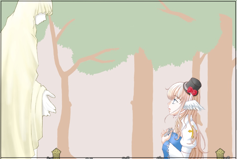 1girl, arch_bishop_(ragnarok_online), black_hat, blue_dress, border, brown_hair, comiket_85, commentary_request