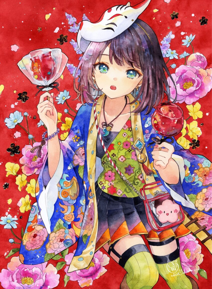 1girl, bead_bracelet, beads, black_hair, black_ribbon, black_skirt, blue_haori, bracelet