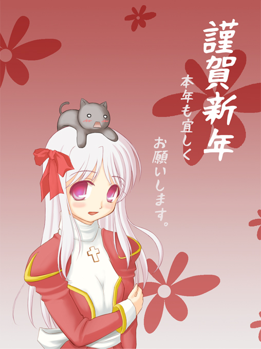 1girl, animal, animal_on_head, blush, bow, breasts, breasts_squeezed_together, cat