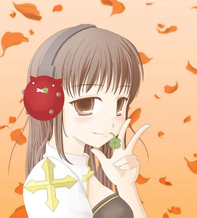 1girl, 2000s_(style), arch_bishop_(ragnarok_online), autumn_leaves, blush, brown_eyes, brown_hair, closed_mouth, clover, commentary_request, cross, deviruchi, dress, falling_leaves, four-leaf_clover, headphones, leaf, long_hair, looking_at_viewer, mimikuma, mouth_hold, orange_background, ragnarok_online, smile, solo, stalk_in_mouth, w, white_dress