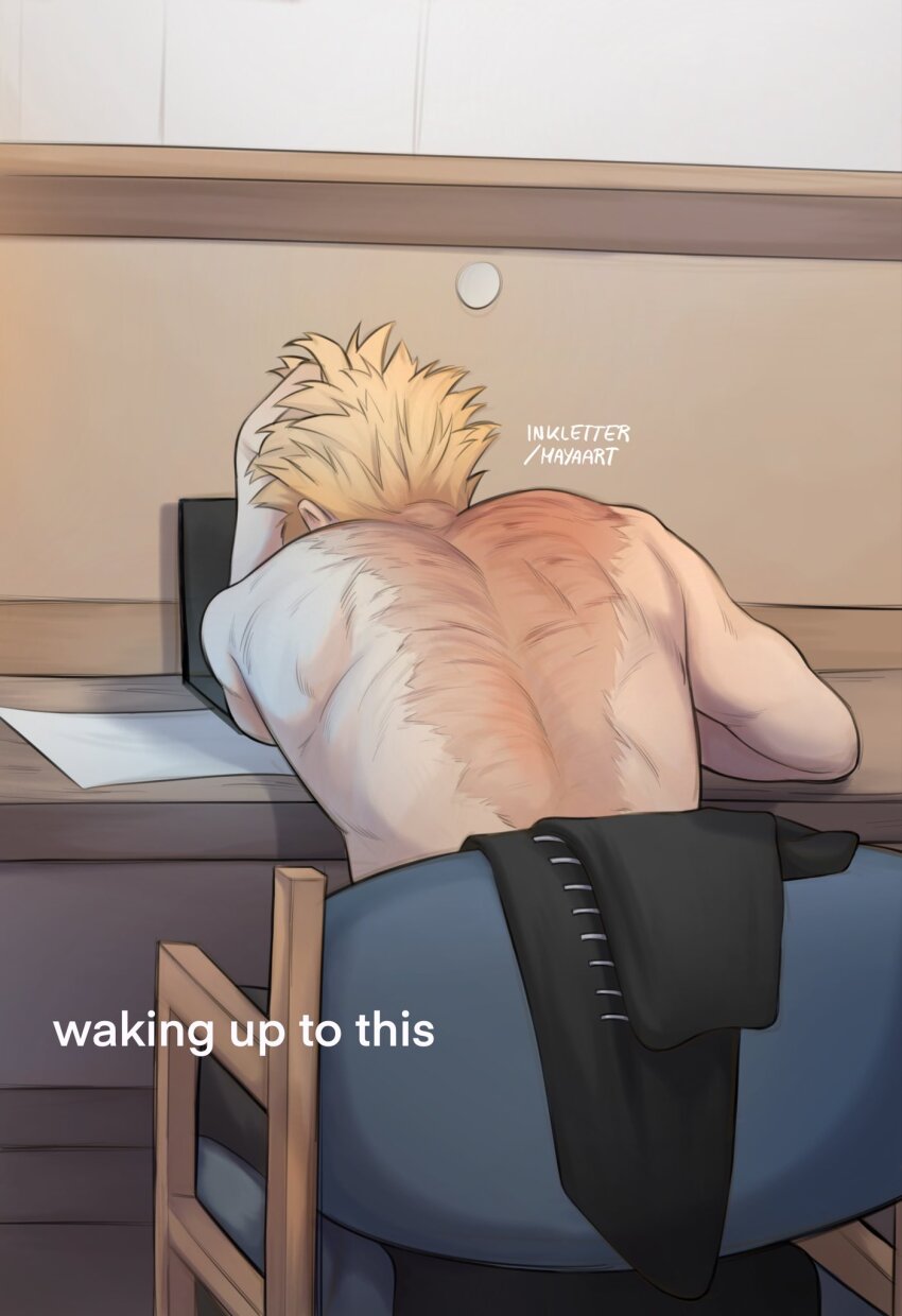 1boy, artist_name, back, blonde_hair, boku_no_hero_academia, commentary, computer, english_commentary