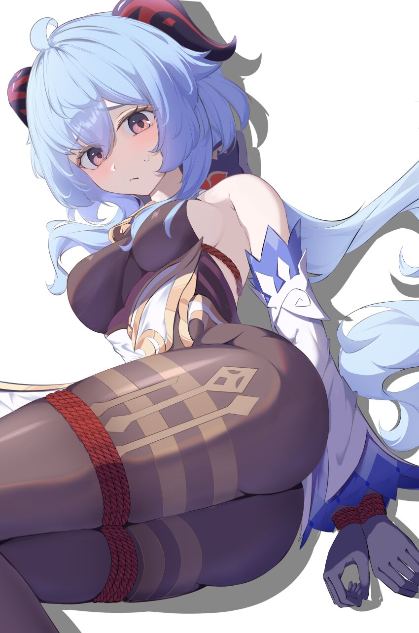 1girl, absurdres, ahoge, arms_behind_back, ass, bare_shoulders, bdsm, blue_hair
