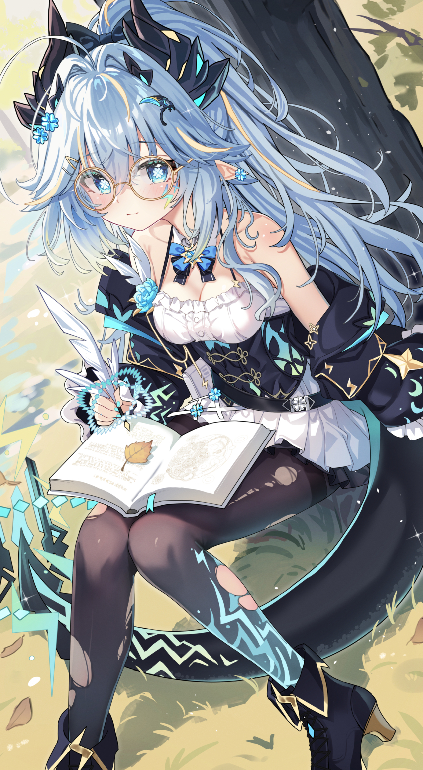 1girl, absurdres, ahoge, bare_shoulders, belt, black_horns, black_pantyhose, blue_eyes