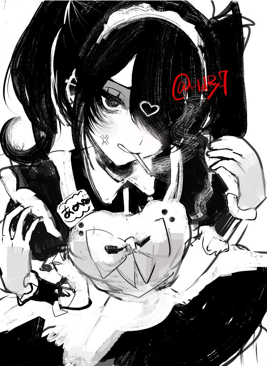 absurdres, ame-chan_(needy_girl_overdose), anger_vein, apron, chest_bow, cigarette, hair_ornament, hair_over_one_eye