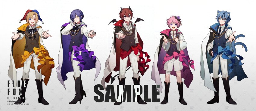 5boys, :d, ahoge, aiguillette, animal_ears, anklet, aoto_(doll's_requiem), arm_at_side