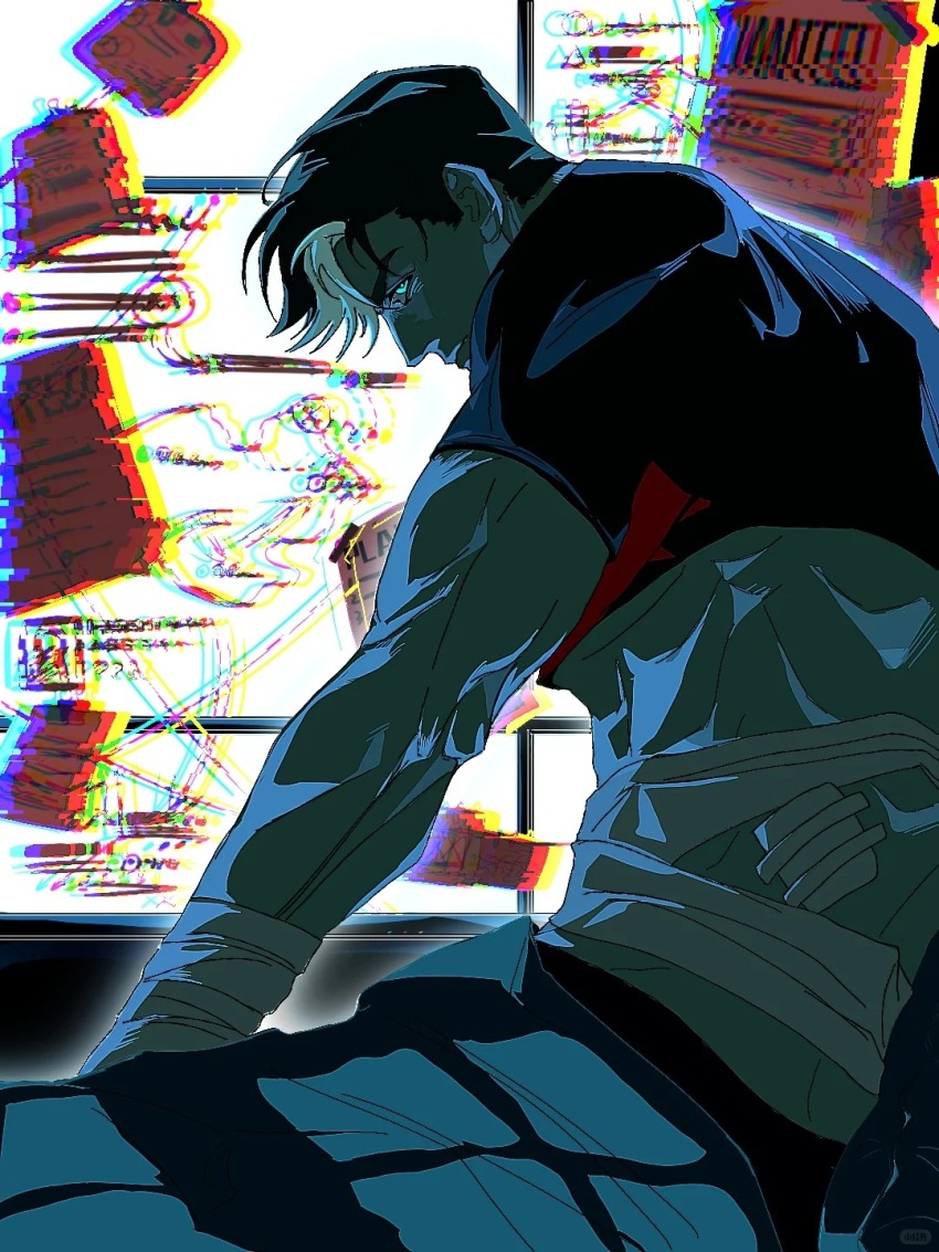 1boy, batman_(series), batman_symbol, black_bodysuit, black_hair, blue_eyes, bodysuit, dc_comics