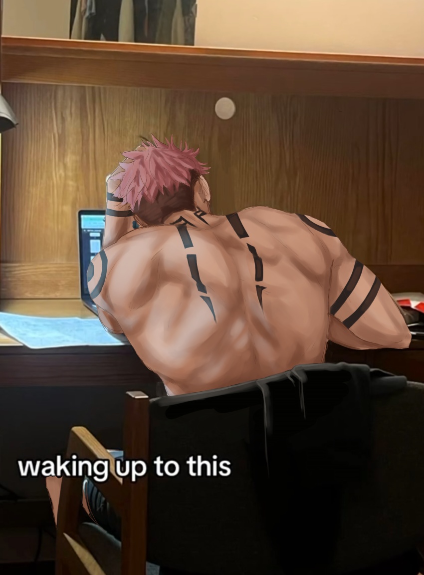 1boy, absurdres, arm_tattoo, back, back_muscles, back_tattoo, black_hair, english_text, highres, jujutsu_kaisen, kumi_aiko, male_focus, meme, pink_hair, ryoumen_sukuna_(jujutsu_kaisen), short_hair, sitting, tattoo, topless_male, undercut, waking_up_to_this_(meme)