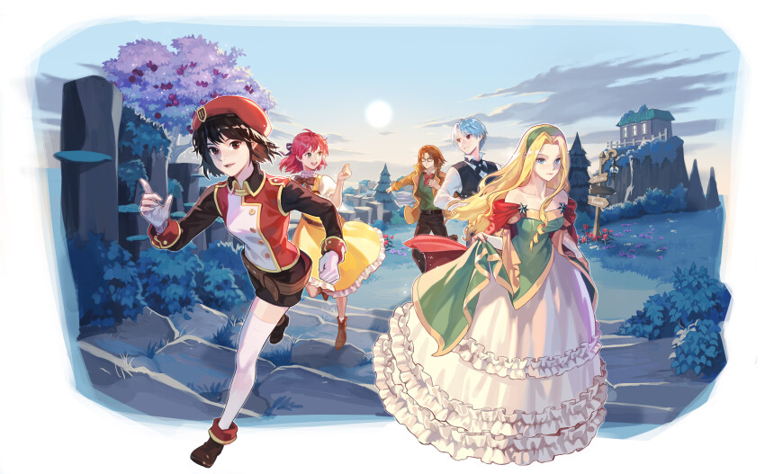 absurdres, ankle_boots, ankle_socks, backlighting, badge, belt, beret, berry