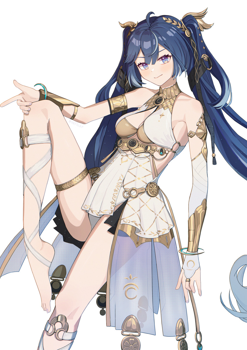 1girl, absurdres, ahoge, ancient_greek_clothes, armlet, bare_shoulders, barefoot, black_skirt, blue_hair, breasts, bridal_gauntlets, closed_mouth, commentary_request, foot_out_of_frame, gold_bra, gradient_hair, greco-roman_clothes, hair_belt, highres, inficer, iuno_(wuthering_waves), jewelry, laurel_crown, leg_up, leg_wrap, light_blush, long_hair, looking_at_viewer, medium_breasts, multicolored_hair, showgirl_skirt, simple_background, single_bridal_gauntlet, skirt, solo, thighlet, thighs, twintails, vambraces, very_long_hair, white_background, white_bridal_gauntlets, wuthering_waves