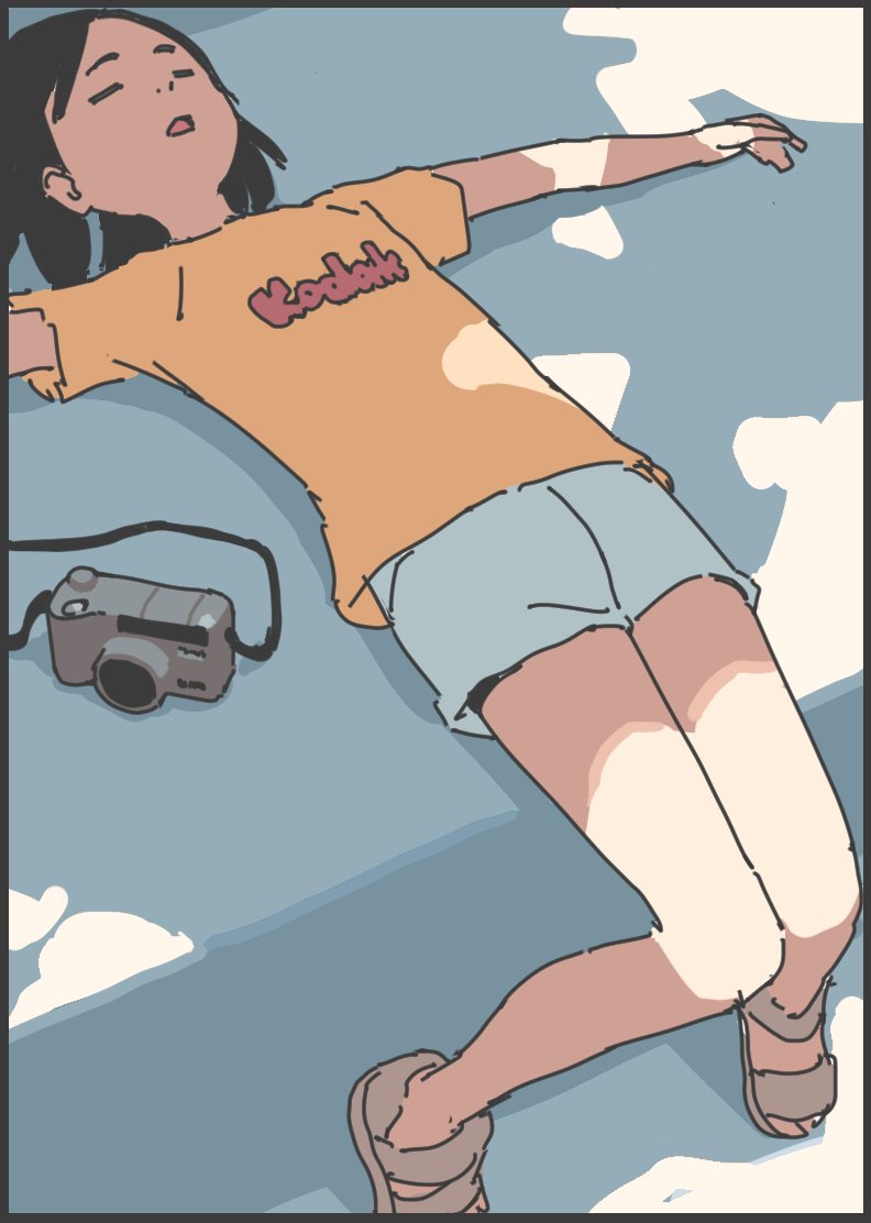 1girl, black_hair, camera, closed_eyes, grey_shorts, knees_together_feet_apart, kodak_(company), lying, medium_hair, on_back, original, outstretched_arms, sandals, shade, shirt, short_shorts, shorts, solo, t-shirt, takamichi, yellow_shirt