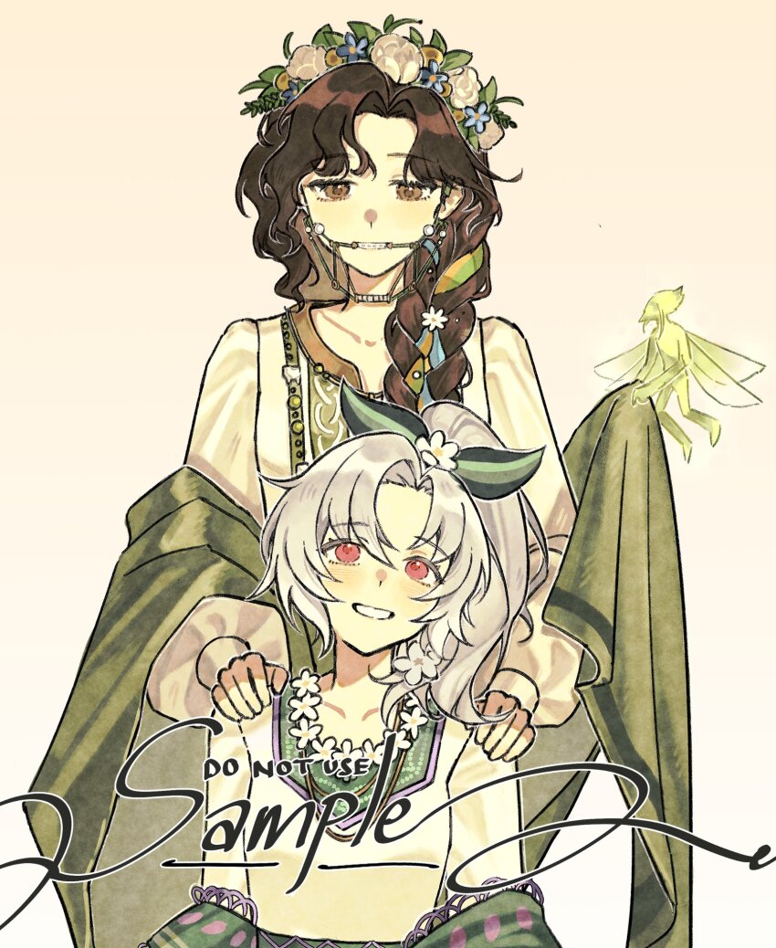 2girls, albadove, bow, brown_eyes, brown_hair, commission, creature, dress