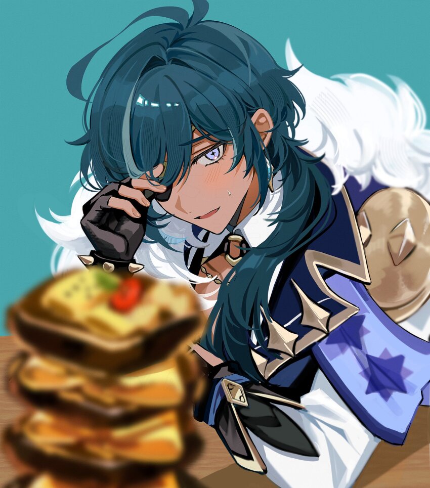 "once_upon_a_time_in_mondstadt"_(genshin_impact), "pile_'em_up"_(genshin_impact), +_+, 1boy, 4k10r1, adjusting_eyewear, antenna_hair, aqua_background, black_gloves, blue_eyes, blue_hair, blurry, blurry_foreground, blush, bracelet, commentary_request, dark-skinned_male, dark_skin, earrings, elbow_on_table, eyepatch, fingerless_gloves, food, fur_trim, genshin_impact, gloves, gold_trim, hair_between_eyes, hair_over_shoulder, hand_on_eyewear, highres, jewelry, kaeya_(genshin_impact), long_hair, long_sleeves, looking_at_food, male_focus, parted_lips, simple_background, solo, spiked_bracelet, spikes, sweatdrop, table