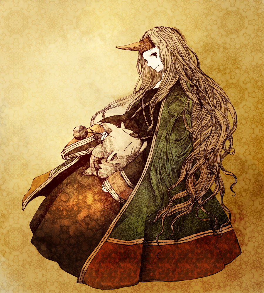 1girl, ankoro, blonde_hair, dress, female_focus, final_fantasy, final_fantasy_tactics, full_body, gown, horns, long_hair, moogle, profile, robe, simple_background, single_horn, solo, summoner_(fft), very_long_hair