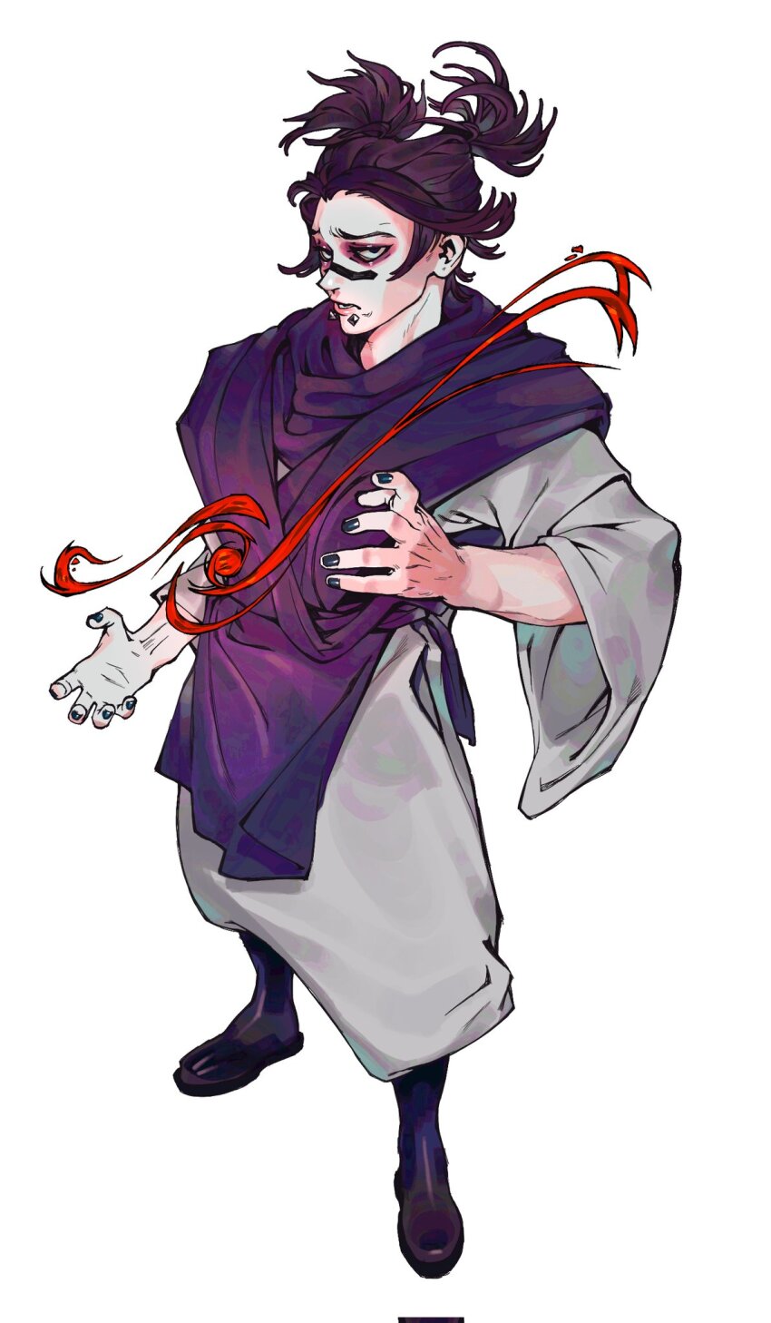 1boy, bags_under_eyes, black_hair, black_nails, blood, choso_(jujutsu_kaisen), facial_mark, full_body