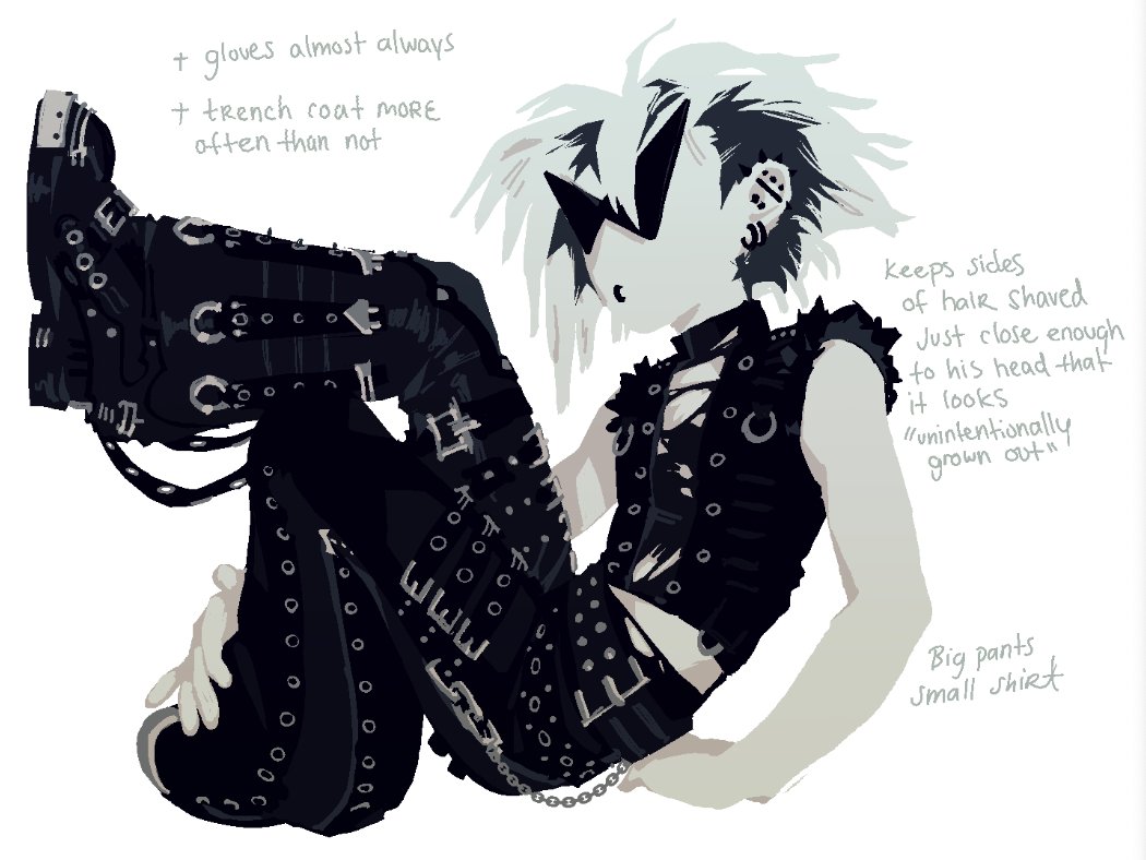 1boy, alternate_costume, colored_skin, dirk_strider, ear_piercing, face_piercing, full_body, goth_fashion, homestuck, kamina_shades, lip_piercing, male_focus, ohmeiios, piercing, simple_background, solo, white_background, white_skin