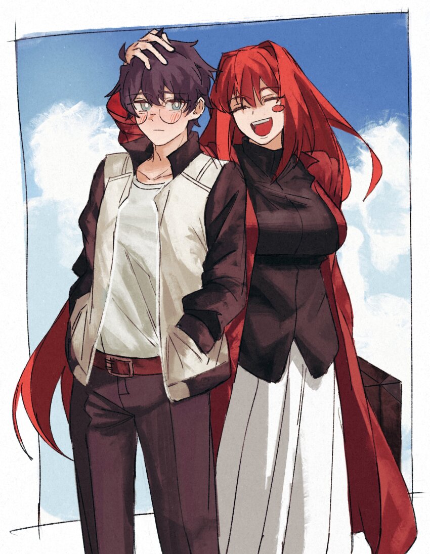 1boy, 1girl, absurdres, aozaki_aoko, black_hair, black_jacket, black_pants, black_shirt, blue_eyes, blush, blush_stickers, border, closed_eyes, coat, cowboy_shot, ezekquel, glasses, hands_in_pockets, highres, jacket, long_hair, open_clothes, open_coat, open_jacket, pants, red_coat, red_hair, round_eyewear, shirt, skirt, tohno_shiki, tsukihime, white_border, white_jacket, white_shirt, white_skirt