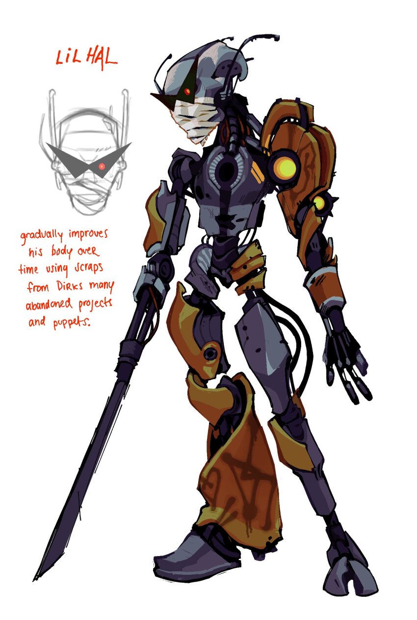 android, bandage_on_face, bandages, character_name, full_body, glowing, glowing_eye, highres