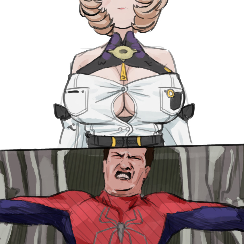 1boy, 1girl, absurdres, akaika_(aka), bare_shoulders, bodysuit, breast_focus, breasts, buttons, cleavage, clenched_teeth, closed_mouth, commentary_request, comparison, highres, large_breasts, light_smile, marvel, mole, mole_under_mouth, off-shoulder_shirt, off_shoulder, parody, shirt, spider-man, spider-man_(original_suit), spider-man_(series), spider-man_2_(2004), straight-on, struggling, superhero_costume, teeth, upper_body, yidhari_murphy, zenless_zone_zero