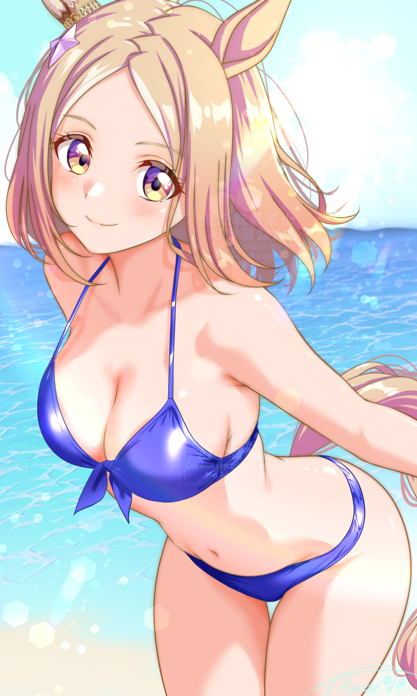 1girl, absurdres, alternate_costume, animal_ears, bikini, blonde_hair, blue_bikini, blue_sky