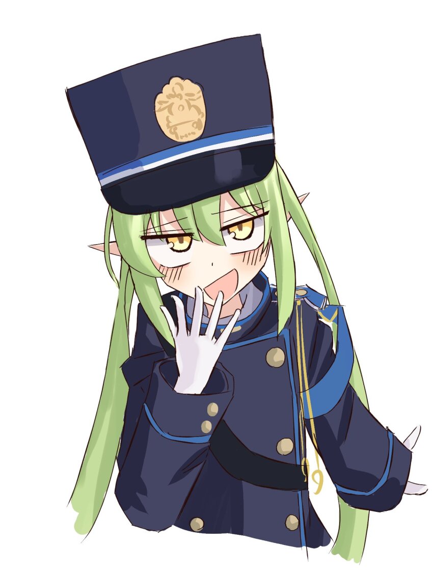 1girl, armband, black_tail, blue_archive, blue_armband, blush, demon_tail, fang, gloves, green_hair, green_halo, halo, hat, highres, irutann, long_hair, long_sleeves, looking_at_viewer, making_faces, nozomi_(blue_archive), open_mouth, peaked_cap, pointy_ears, skin_fang, smile, tail, train_conductor, twintails, white_gloves, yellow_eyes