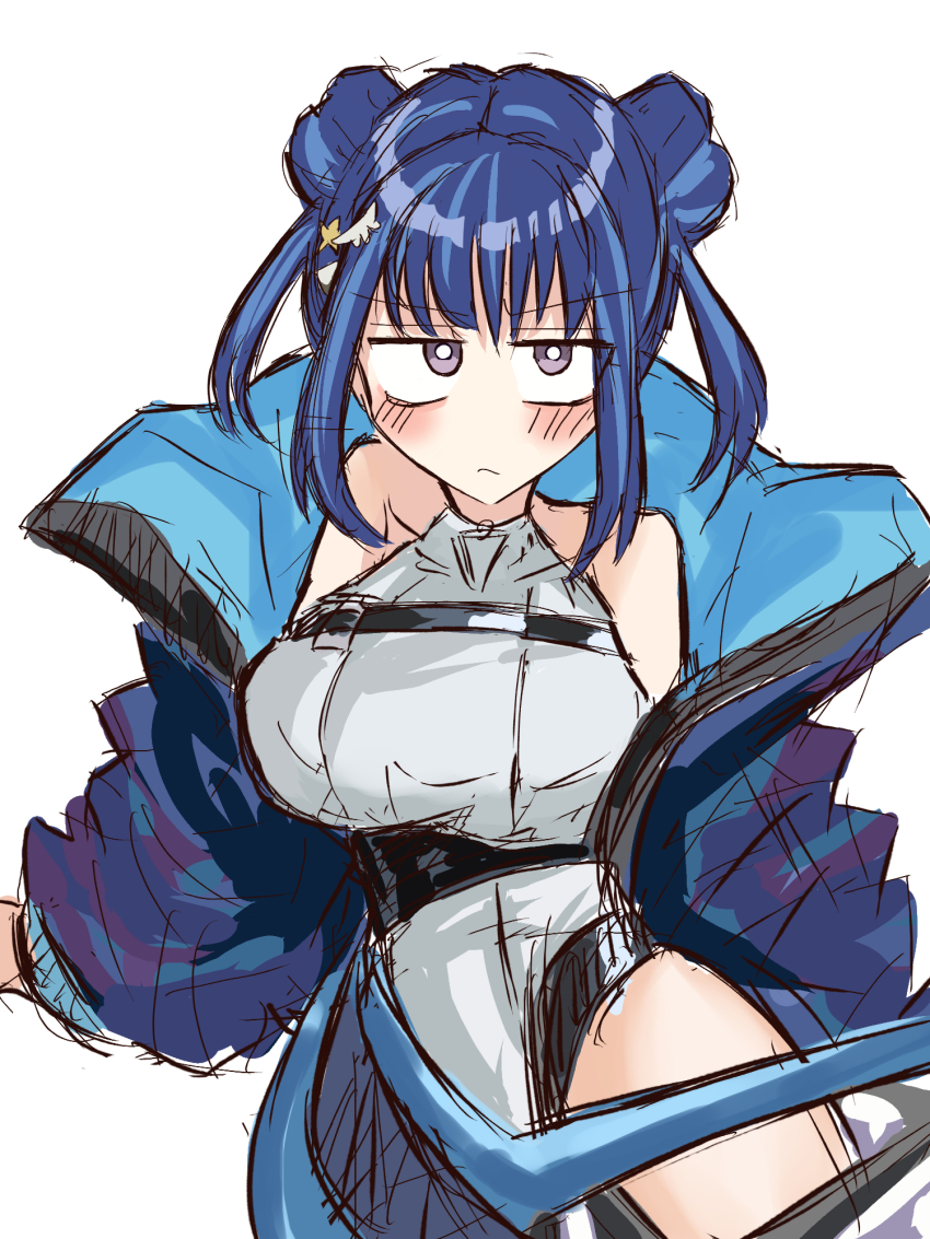 1girl, blue_eyes, blue_hair, blush, breasts, chest_belt, cropped_vest, double_bun
