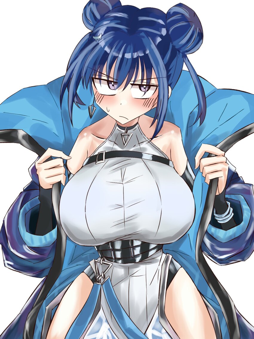 1girl, blue-tinted_eyewear, blue_hair, blush, breasts, chest_belt, cropped_vest, double_bun, duel_monster, evil_twin_lil-la, evil_twin_lil-la_(alternate_art), gloves, hair_bun, highres, irutann, jacket, large_breasts, leotard, lil-la_(yu-gi-oh!), looking_at_viewer, short_hair, tinted_eyewear, vest, white_leotard, yu-gi-oh!, yu-gi-oh!_master_duel
