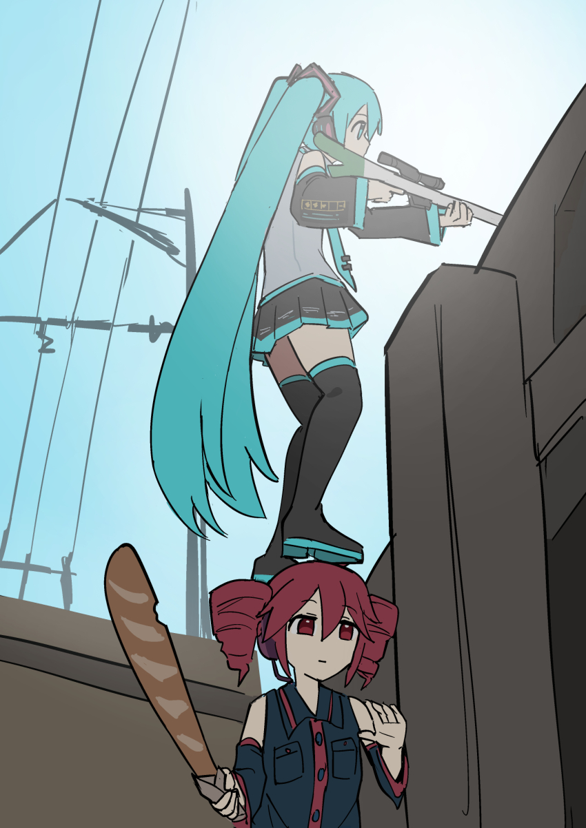 2girls, aiming, aqua_eyes, aqua_hair, aqua_trim, baguette, bare_shoulders, black_boots