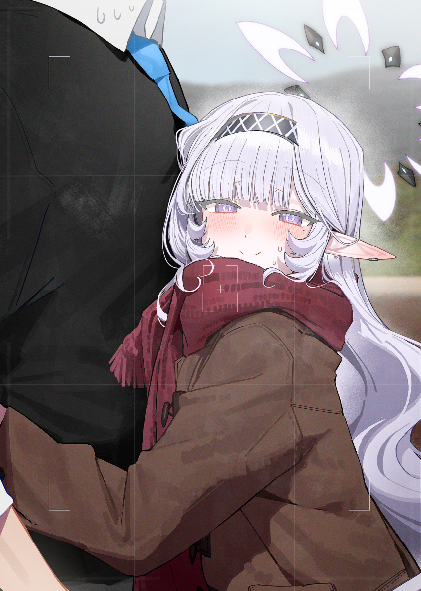 1boy, 1girl, alternate_costume, black_hairband, black_shirt, blue_archive, blue_necktie, blush, brown_jacket, casual, closed_mouth, commentary, elf, focus_viewfinder, grey_halo, hairband, halo, head_out_of_frame, highres, himari_(blue_archive), hug, jacket, long_pointy_ears, looking_at_viewer, looking_to_the_side, mole, mole_under_eye, multicolored_halo, necktie, pointy_ears, purple_eyes, red_scarf, scarf, sensei_(blue_archive), shirt, smile, striped_clothes, striped_hairband, sweat, two-tone_halo, white_hair, white_halo, winter_clothes, zanya_000