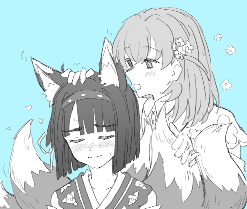 2girls, animal_ear_fluff, animal_ears, bare_shoulders, blue_background, blunt_bangs, blunt_ends, blush