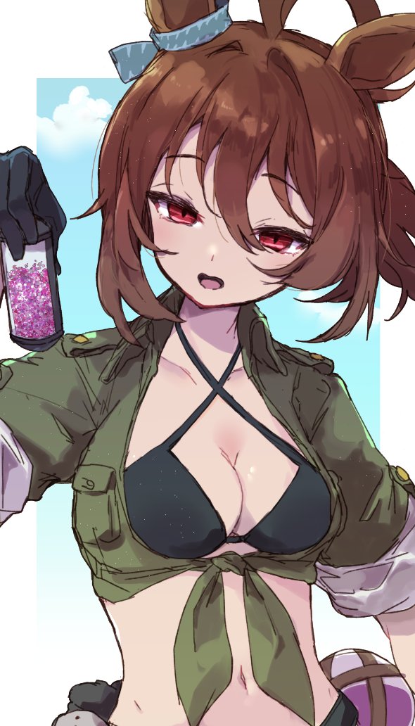 1girl, agnes_tachyon_(lunatic_lab)_(umamusume), agnes_tachyon_(umamusume), ahoge, animal_ears, bikini, black_bikini, black_gloves, breasts, brown_hair, commentary_request, criss-cross_halter, gloves, green_jacket, hair_between_eyes, halterneck, holding, holding_test_tube, horse_ears, horse_girl, huge_ahoge, jacket, jamir, looking_at_viewer, medium_breasts, navel, open_mouth, red_eyes, round_box, short_hair, sleeves_rolled_up, solo, stomach, swimsuit, test_tube, tied_jacket, umamusume