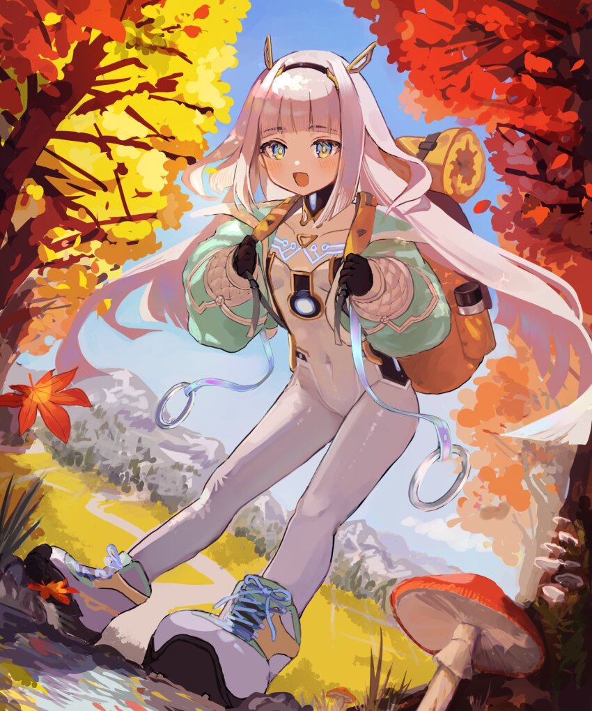 1girl, aqua_jacket, autumn, autumn_leaves, backpack, bag, black_gloves, black_hairband, blue_eyes, blue_sky, blunt_bangs, blunt_ends, bodysuit, collarbone, covered_navel, cropped_jacket, detached_collar, eudie_(shadowverse), gloves, grey_hair, hairband, highres, jacket, leaf, long_hair, long_sleeves, looking_at_viewer, mountainous_horizon, mushroom, open_clothes, open_jacket, open_mouth, outdoors, parted_lips, road, sakura-konoha, shadowverse, shadowverse:_worlds_beyond, shoes, sky, solo, tree, white_bodysuit